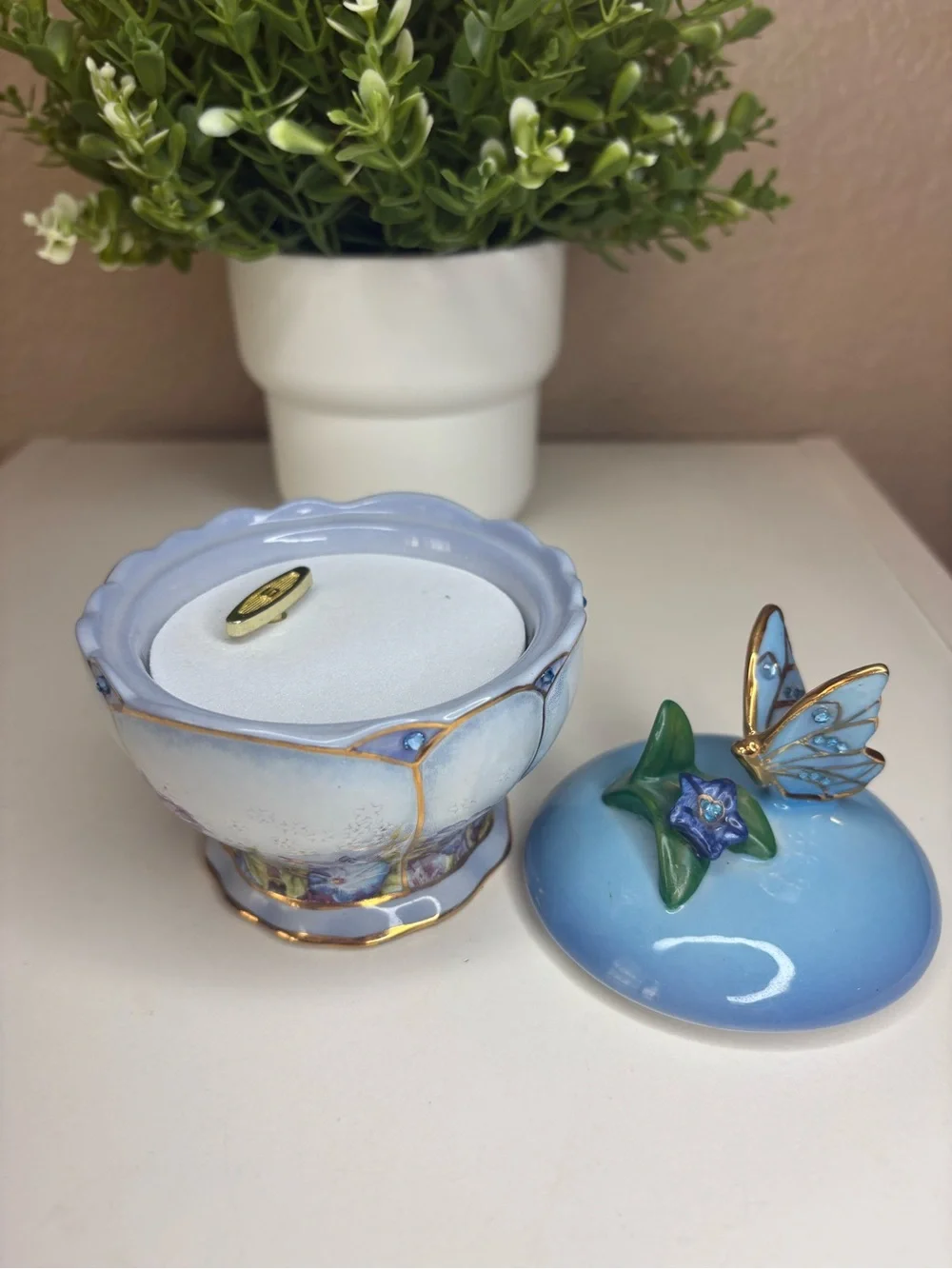 Blue Butterfly Ceramic Trinket Jar with Floral Accent